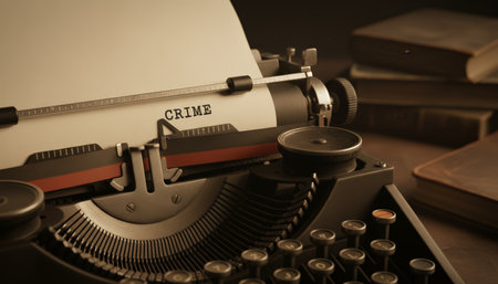 Old typewriter typing the word crime on a paper with a dark, moody background displaying vintage books, suggesting a classic detective novel or true crime narrativeの素材