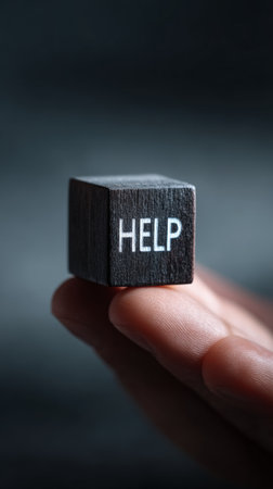 Hand holding a small wooden cube stamped with the word help, symbolizing asking for assistance, support, mental health struggles, crisis, outreach, and urgent need for aidの素材