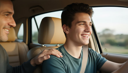 Teenager son smiling happily while learning to drive a car with his fathers reassuring hand on his shoulder, symbolizing independence, growth, and family bonding during a road tripの素材