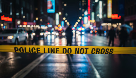 Yellow police line tape restricting access to a street scene at night, indicating a cordoned off area for a criminal investigation with blurry city lights in the backgroundの素材