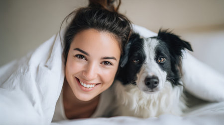 Young woman smiling and snuggling with her border collie dog, both relaxing under covers in bed, showing happy companionship and a comfortable morning routine togetherの素材