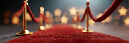 Red carpet path lined with golden stanchions and velvet ropes. Extending towards a blurred background displaying shining star shaped bokeh lights. Symbolizing fame. Success. And glamorous exclusivityの素材