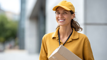 Happy professional delivery woman wearing a uniform and cap, carrying a cardboard package, offering reliable shipping service with a friendly smile outdoorsの素材