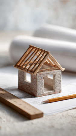 House model with exposed wooden roof beams and brick walls placed on architectural blueprints beside a pencil and ruler for construction planning and design decisionsの素材