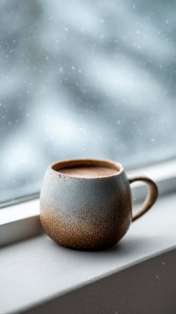 Warm hot chocolate in a textured ceramic mug sits on a window sill, looking out at a gentle snowfall, creating a cozy and comforting winter atmosphere indoorsの素材