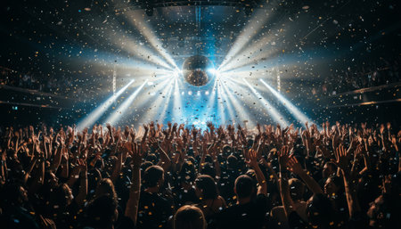 Cheering crowd raising hands at a vibrant music festival under spotlights and a disco ball as golden confetti rains down, capturing energetic celebration and dancing excitementの素材