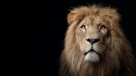Male lion portrait against a dark background, showcasing its majestic mane and watchful eyes, symbolizing strength, leadership, and natural beauty in the wildの素材