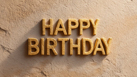 Golden textured happy birthday letters cast a long shadow on rough beige stone, minimalist 3d typography conveying celebration, elegance, and warm sunlit greeting spaceの素材