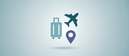 Travel planning concept showing a wheeled suitcase, an airplane, and a map pin icon representing a destination, illustrating air travel, tourism, and relocationの素材