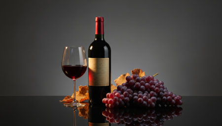 Red wine in a glass beside a bottle, ripe purple grapes and dried autumn leaves reflected on a dark surface, elegant still life evoking harvest, tasting, and celebrationの素材
