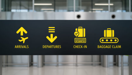 Airport sign guiding travelers with bright yellow icons for arrivals, departures, check in, and baggage claim, representing global travel and efficient passenger flowの素材