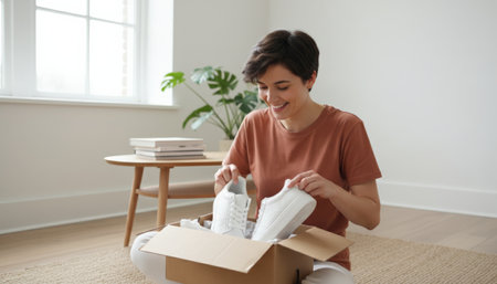 Woman feeling happy and satisfied while sitting on the floor at home, carefully unboxing a new pair of white sneakers from a cardboard package received through online deliveryの素材