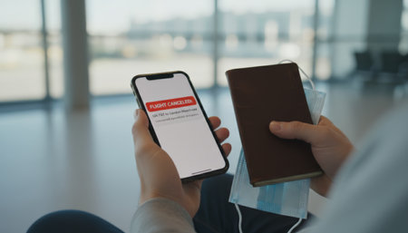 Traveler seeing a flight canceled notification on a mobile phone while waiting at an airport, experiencing travel disruption and uncertainty about their international tripの素材
