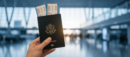Hand holding a passport and two boarding passes, ready for international travel and global exploration, with a blurred airport terminal in the backgroundの素材