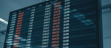 Airport flight information display board showing multiple flights with canceled and delayed statuses in red, indicating widespread travel disruption at a modern terminalの素材