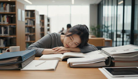 Young asian student feeling tired and exhausted, taking a nap on an open book in a modern library setting, surrounded by study materials and textbooks during a long study sessionの素材