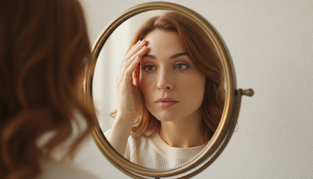 Woman with red hair gently touching her forehead while looking at her reflection in a round brass mirror, focusing on skincare, beauty, and wellness during her morning routineの素材