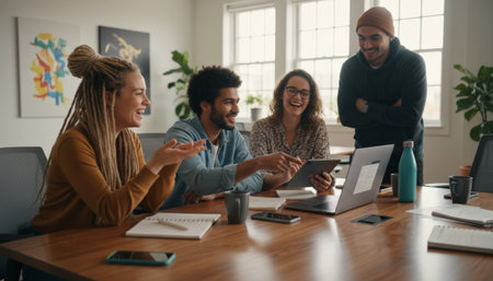 Group of happy young coworkers discussing new ideas and sharing content on a digital tablet and laptop during a positive and productive collaboration session in modern officeの素材