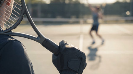 Tennis player in a glove holding a racket, preparing for a match on an outdoor court, with another player blurred in the background hitting a shot, capturing the essence of sport competitionの素材