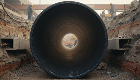 Large pipe lying centered in a freshly dug trench with construction workers and equipment visible in the background, signifying ongoing groundwork and future urban developmentの素材