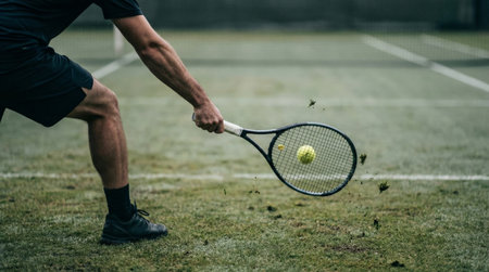 Tennis player powering a forehand on a green grass court, racket meeting ball as turf sprays in a dynamic close up during a competitive match or intense practice sessionの素材