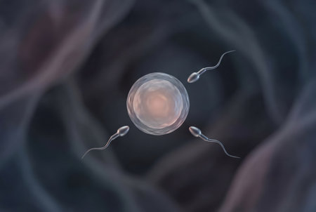 Sperm cells swimming towards a human egg cell, depicting the biological process of fertilization or in vitro fertilization - ivf - and the early stage of reproductionの素材