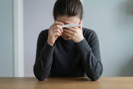 Young woman feeling despair and stress after receiving a negative pregnancy test result, facing infertility struggles and the emotional impact of family planningの素材