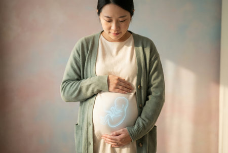 Asian pregnant woman gently cradling her belly, revealing a glowing digital fetus, symbolizing pregnancy, motherhood, future technology, and in vitro fertilizationの素材