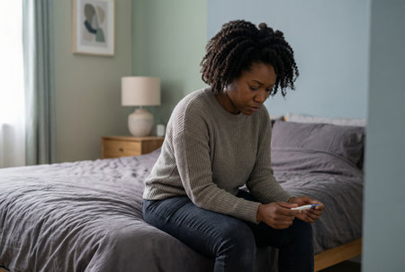 Worried young woman sitting on the bed in her bedroom, holding a pregnancy test, waiting for the result with anxiety and experiencing emotions related to infertility and conception challengesの素材
