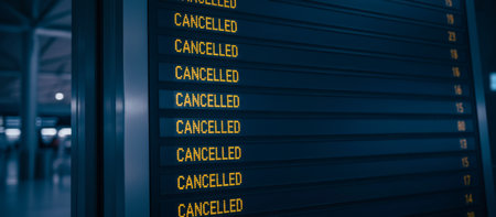 Airport electronic information board displaying numerous yellow cancelled notifications, indicating flight disruptions and travel delays impacting passengers in a terminalの素材
