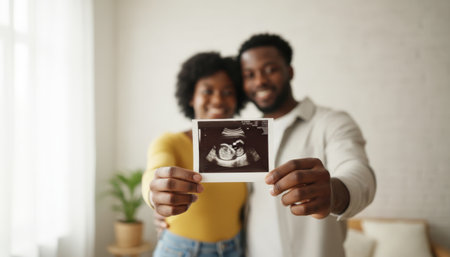 Black couple smiling and holding an ultrasound scan showing their unborn baby, symbolizing new life, family planning, and the joyous journey of parenthoodの素材