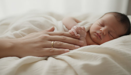 Mothers wedding ringed hand gently resting on sleeping newborns tiny palm atop soft light fabric, evoking tenderness, protection, family love and the beginning of parenthoodの素材