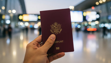Traveler holding a dark red passport, featuring an embossed gold emblem and partially visible text, signifying identity and travel readiness at a bustling airportの素材