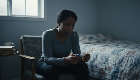 Woman sitting in a dimly lit bedroom, feeling deeply sad and disappointed while holding a negative pregnancy test, facing the emotional struggle of infertility and trying to conceiveの素材
