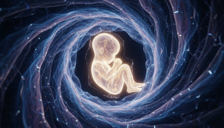 Fetus with glowing neural network lines in a swirling abstract womb, symbolizing life, embryonic development, ivf and futuristic medical science, genetics and research visualizationの素材