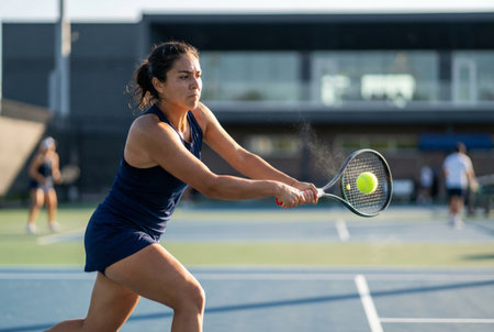 Female tennis player in athletic wear concentrating intently, powerfully hitting a tennis ball with her racket during a competitive match on an outdoor courtの素材