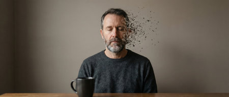 Mature mans face disappearing as dust particles, creating an abstract and conceptual representation of aging, memory loss, mental health issues, grief, and the passing of timeの素材