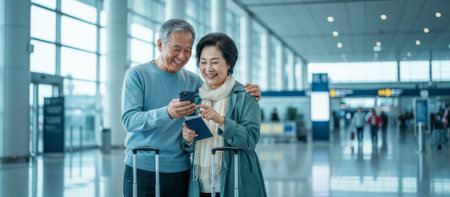 Senior asian couple smiling and interacting with a smartphone and passport while standing with luggage in a bright, modern airport terminal, ready for international travelの素材
