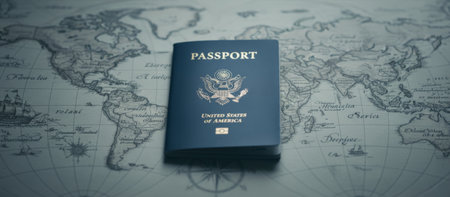 United states passport resting on an antique world map, representing concepts of international travel, global journey, immigration, and global citizenship, symbolizing freedom and explorationの素材