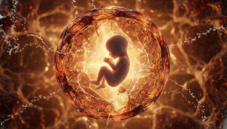 Fetus developing inside a glowing, protective sphere with organic textures and circulating particles, representing concepts of in vitro fertilization and assisted reproductionの素材