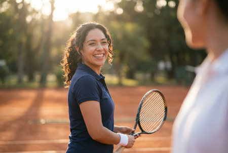 Young female tennis player smiling and holding racket on a sunlit clay court, enjoying a friendly match outdoors with energetic, casual summer sport vibeの素材