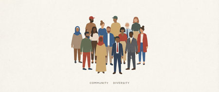 Group of diverse people standing together, representing different ethnicities, cultures, gender, and ages, symbolizing community, inclusion, global unity, and multicultural societyの素材