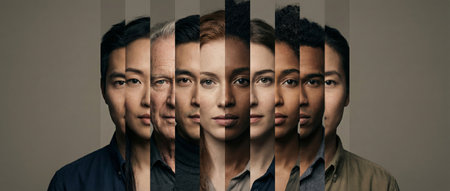Strips of diverse faces fused into one portrait, blending ages, genders and ethnicities to symbolize inclusion, unity and human connection across generationsの素材