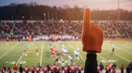 Supporter holding an orange foam finger, cheering from the stands during an american football game with players on the field and spectators in the backgroundの素材