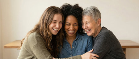 Three happy diverse women from different generations sharing a joyful moment, embracing with genuine smiles emphasizing friendship, happiness, and togethernessの素材