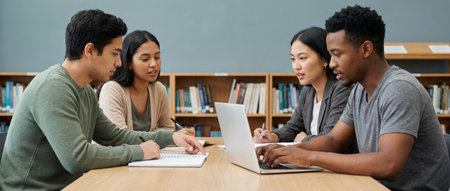 Diverse group of college students collaborating on a research project, reading and discussing notes, and using a laptop for information in an academic library settingの素材