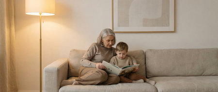 Grandson and grandmother sitting together on a comfortable couch at home, reading a book, fostering intergenerational connection, learning, and storytelling momentsの素材