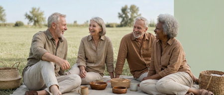 Group of happy senior friends smiling and laughing while having a diverse picnic outdoors on a blanket in a green park, enjoying friendship and retirementの素材