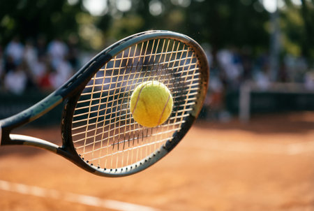 Tennis racket striking a yellow ball on a clay court during a competitive match, close up capturing impact, motion blur, energy, and the intensity of the sportの素材