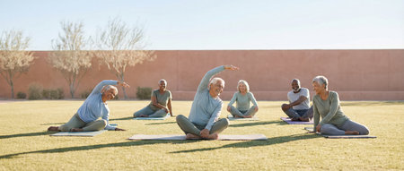 Diverse active seniors are stretching and practicing yoga on mats in a group on a sunny green lawn, embracing wellness and an active lifestyle in retirementの素材